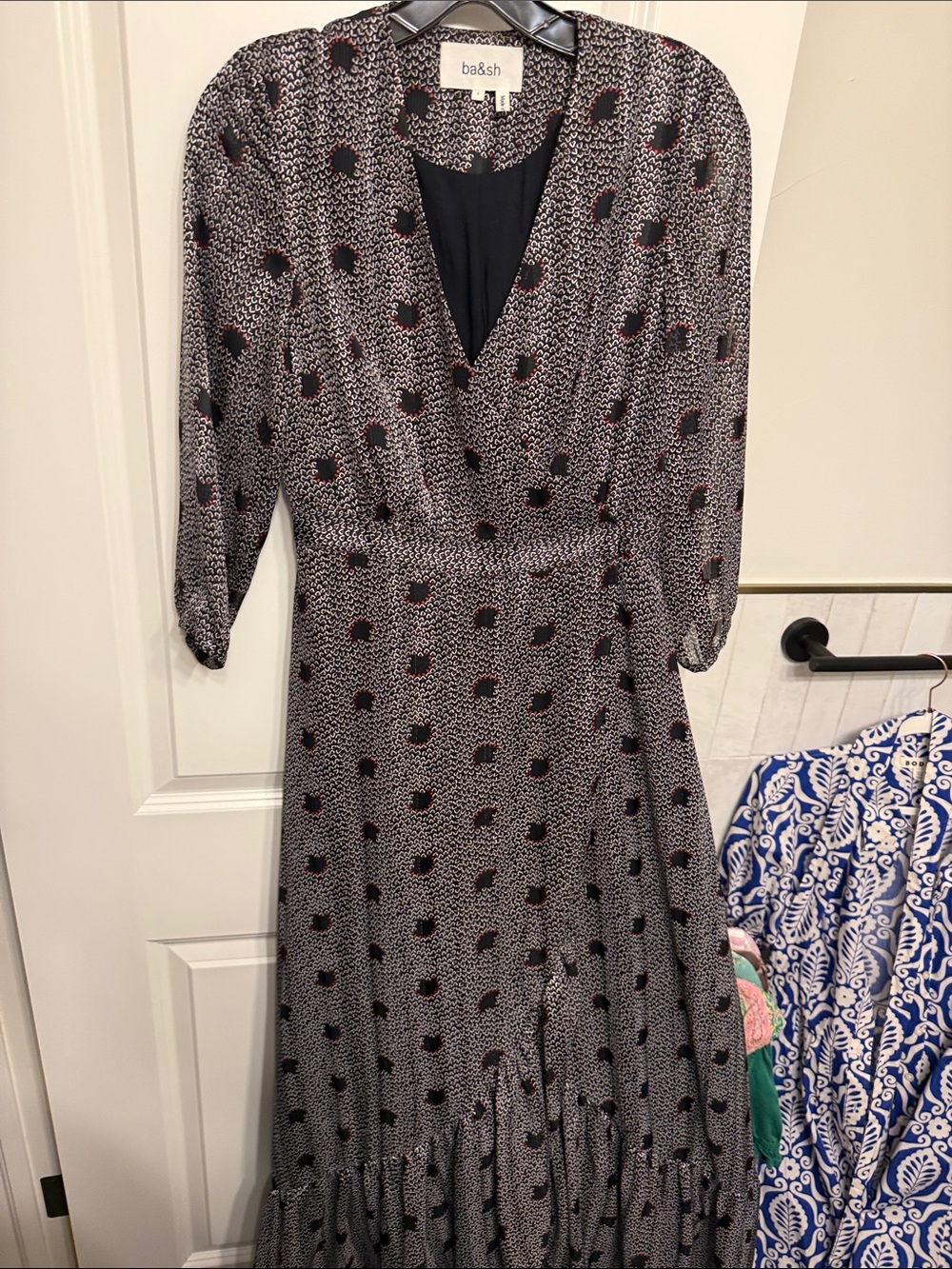 ba&sh Black and White Printed Wrap Maxi Dress with Red Dot Accents
